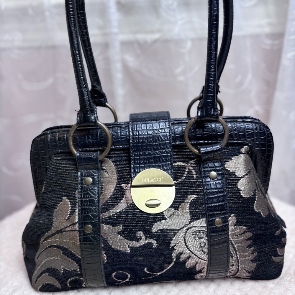 Bulaggi Black/Gold Floral Tapestry Satchel w/Faux Leather Trim